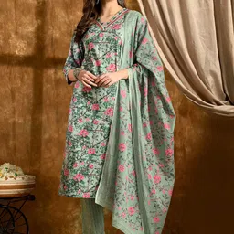 Anouk Women Floral Printed Regular Pure Cotton Kurta with Trousers & With Dupatta-image-89