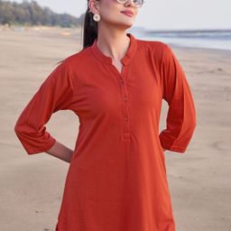 TITTLI Women Solid Mandarin Collar Pure Cotton T-shirt-image-92