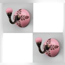 IndianShelf Pink & Black 2 Pieces Floral Printed Ceramic Etched Wall Hooks-27