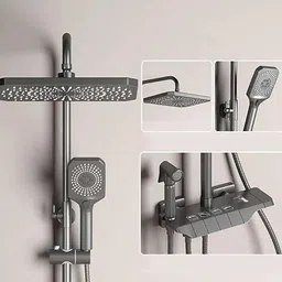 Prossimagen Shower Panel Piano 4 in 1 Modular Rainfall & Hand Shower, Overhead Rectangle Shower, Single Lever Wall Mixer, Heavy Brass Body, (Grey Color)-picture-0