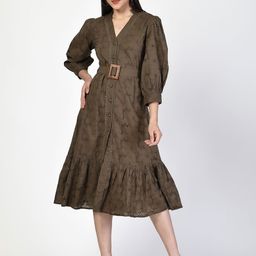COSMIC TRIO Women Self Design Cuffed Sleeves A-Line Midi Dress-picture-23