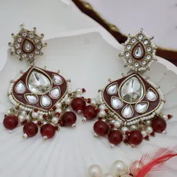 SIVA BY ANIKA Brass-Plated Kundan Studded & Beaded Teardrop Shaped Drop Earrings-picture-38