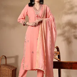 DOISA Women Embroidered Regular Mirror Work Kurta with Trousers & With Dupatta-10