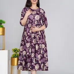outfit 4 you Floral Printed Round Neck Fit And Flare Cotton Maternity Ethnic Dress-image-61