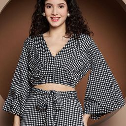 BRINNS Monochrome Printed Bell Sleeve V-Neck Crop Top-image-90