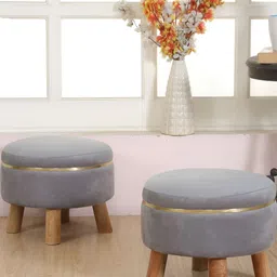Shadowkart Set Of 2 Grey Wooden Round Shaped Ottomans-14