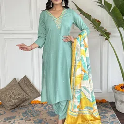 KALINI Floral Embroidered V-Neck Straight Kurta With Trouser & Dupatta-53