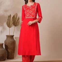 FASHOR Women Floral Yoke Design Regular Mirror Work Kurta with Palazzos-9