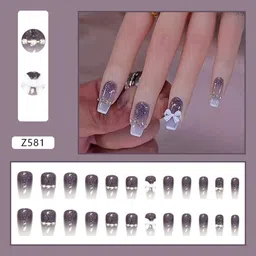 The Pink Truck Set Of 24 Artificial Reusable Nails With Glue - Violet With Cream Bow image 3
