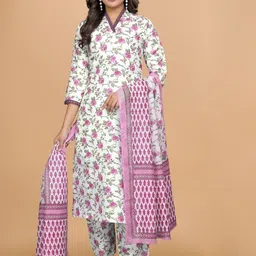 Foxent Women Floral Printed Cotton Kurta with Trousers & Dupatta-picture-57