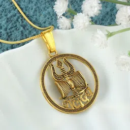ADMIER Unisex Gold-Plated Trishul Damru Rudra Mahadev Shiva Circular Pendant & Chain-picture-28