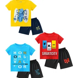 FRENCH KLEIDER Boys Pack Of 3 Printed Round Neck Pure Cotton T-shirt With Shorts-image-1