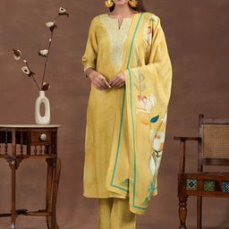 Libas Floral Yoke Design Thread Work Notch Neck Straight Kurta with Trousers & Dupatta-image-14