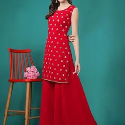 PARROT CREATION Geometric Embroidered Sequinned Georgette Kurti with Sharara And Dupatta image 3