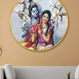 SAF Blue & Red Radha Krishna Round Wooden Wall Art-32