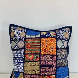 Atrangi Studio Navy-Blue 2 Pieces Embroidery Patchwork Cotton Square Cushion Covers-24