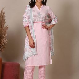 AURELIA Floral Printed Mandarin Collar Pure Cotton Straight Kurta with Trouser & Dupatta-image-75