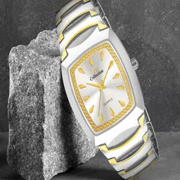 Hala Men Embellished Dial & Bracelet Style Straps Analogue Watch 3004-Gold-Silver-21