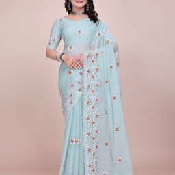 SILKWEAR Embellished Embroidered Pure Georgette Saree-image-98