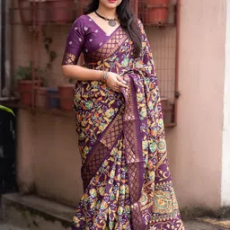 Mitera Kalamkari Printed Zari Saree With Unstitched Blouse Piece-32