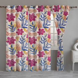 ANA White & Pink 3 Pieces Floral Printed Room Darkening Cotton Long Door Curtains-25