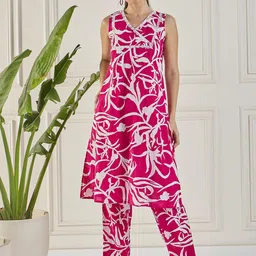 WineRed Floral Printed Lace Pure Cotton Tunic With Trousers-picture-37