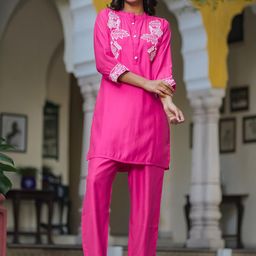 Kiana House Of Fashion Embroidered Mandarin Collar Pure Cotton Top With Trousers Co-Ords-picture-49
