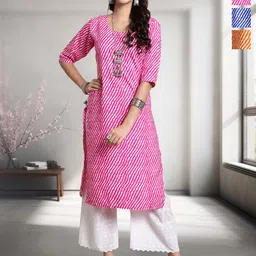 HERE&NOW Selection Of 3 Leheriya Printed Round Neck Straight Kurta-60