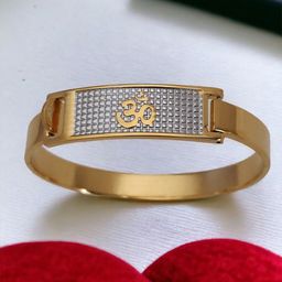 SZN Men Stainless Steel Gold-Plated American Diamond Studded Om Design Kada Bracelet-image-37
