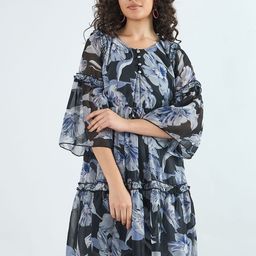 Bitterlime Floral Printed Flared Sleeve Ruffled Georgette Fit & Flare Dress-image-41
