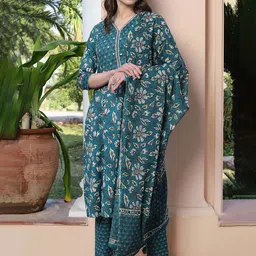 Fourleaf Floral Printed V-Neck Pure Cotton A-Line Kurta with Trousers & Dupatta-image-2