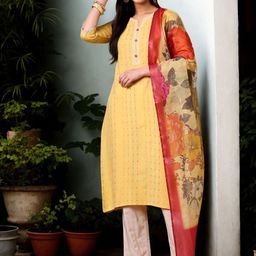 Anouk Woven Design Notch-Neck Straight Pure Cotton Kurta With Trousers And Dupatta-11