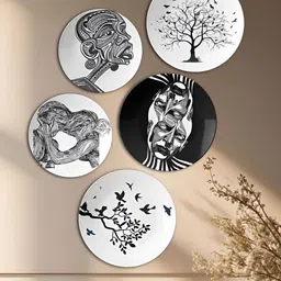 THE QUIRKY HOME Shades of Contrast White & Black 5 Pieces Printed Ceramic Wall Plates-15
