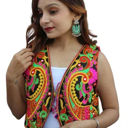 Prijam Floral Embroidered Sleeveless Thread Work Cotton Crop Jacket-image-10