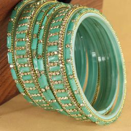 ZULKA Set Of 6 Zircon Diamonds Studded & Beaded GlassBangles-image-84