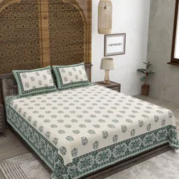CLOTHOLOGY Green & Off White Printed Pure Cotton 180 TC King Bedsheet Set 2.75 m x 2.25 m-9