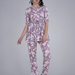 Belfry Floral Printed Lapel Collar Pure Cotton Tunic With Trousers-picture-10