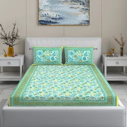 MODEFE Blue & Green Floral 144 TC King Bedsheet with 2 Pillow Covers-57