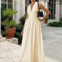Alamode By Akanksha Solid Beige Arina Halter Neck Summer Holiday Maxi Dress-image-39