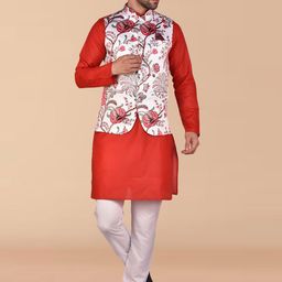 PRINTINDIA Mandarin Collar Pure Cotton Straight Kurta with Trousers & Nehru jacket-image-111