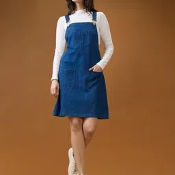 Globus Women Square Neck Strappy Shoulder Solid Pocket Detail Above Knee Dungaree Dress-image-84