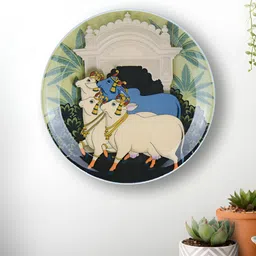 Maison Modern Pichwai Cow White & Green Printed Printed Iron Round Wall Plate-16