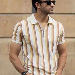 Powerlook Men Mustard Printed Stripe T-Shirt-image-30