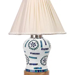 Devansh Off White Textured Traditional Frusturical Shaped Wooden Table Lamp & Mosaic Glass-14