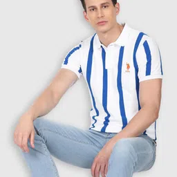 u.s. polo assn. Men Striped Polo Neck Cotton Blend Blue T-Shirt-picture-41