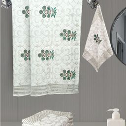 LIVING ROOTS Green 6 Pieces Block Printed 210 GSM Waffle Cotton Soft & Absorbent Towel Set-14