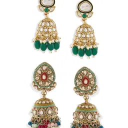 Zaveri Pearls Set Of 2 Gold-Plated Stones & Cluster Beaded Statement Dome Shaped Jhumkas image 2