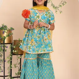 Cutiekins Girls Floral Printed Empire A-Line Kurta with Sharara & Dupatta-image-79