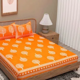 Lali Prints Orange Floral 180 TC Queen Bedsheet with 2 Pillow Covers-image-59