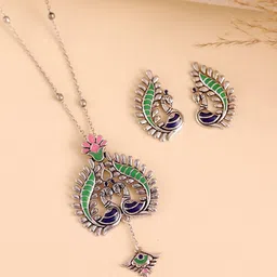 Voylla Madhubani Peacock Pratha Oxidised Enamel Pendant Set-54